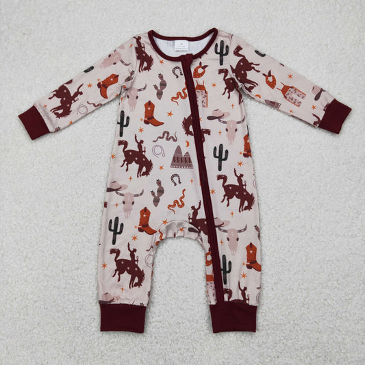 LR2188 Rodeo Boots Western Print Baby Sleeper Zipper Romper