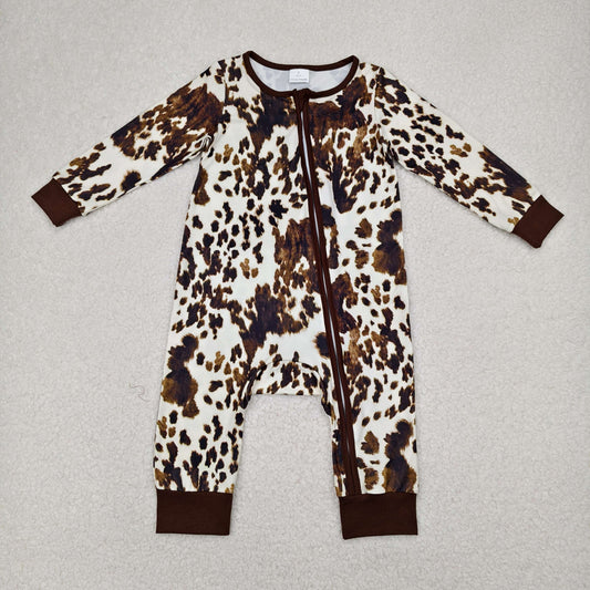 LR2189 Cowhide Print Baby Western Zipper Sleeper Romper