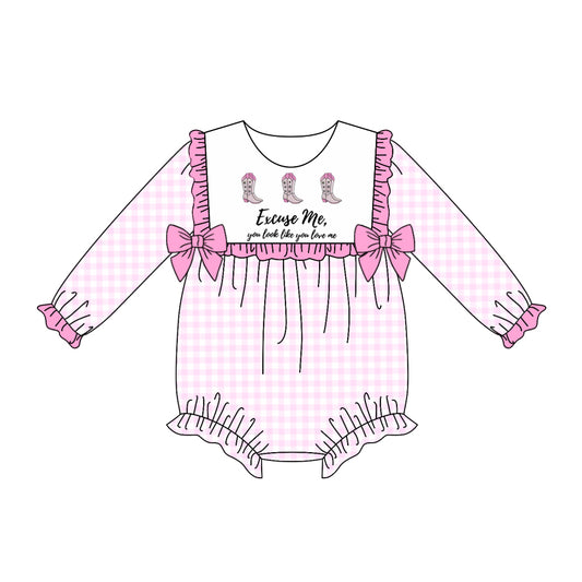 (Pre-order)LR2190 Boots Pink Plaid Print Baby Girls Long Sleeve Western Romper