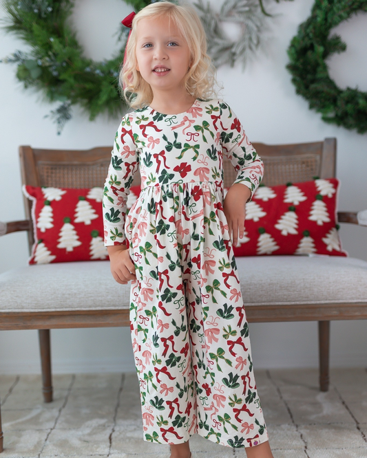 LR2192 Red Green Bows Print Girls Christmas Jumpsuits