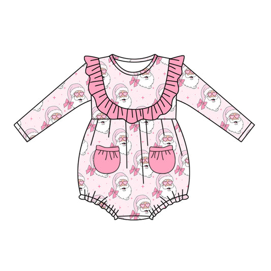 (Pre-order)LR2195 Santa Bows Pink Print Pockets Baby Girls Christmas Romper