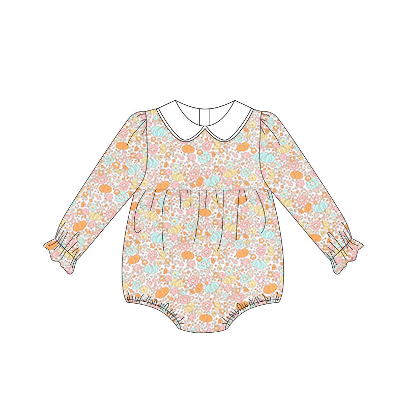 (Pre-order)LR2199 Pumpkin Flowers Print Baby Girls Fall Bubble Romper