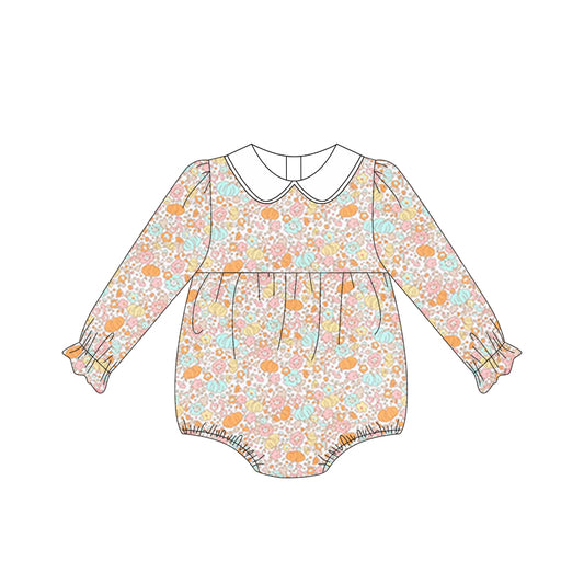 (Pre-order)LR2199 Pumpkin Flowers Print Baby Girls Fall Bubble Romper