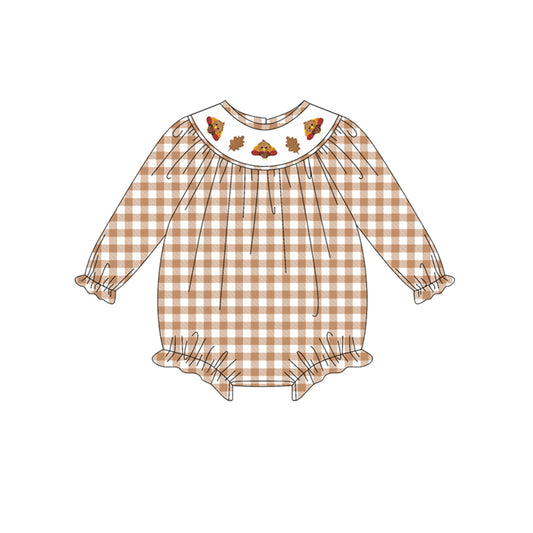 (Pre-order)LR2205 Turkey Brown Plaid Print Baby Girls Thanksgiving Romper
