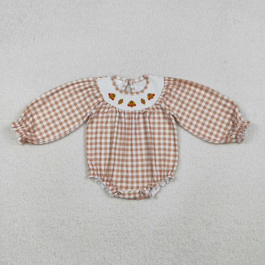 LR2205 Turkey Embroidery Brown Plaid Baby Girls Thanksgiving Smocked Romper