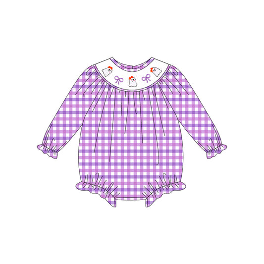 (Pre-order)LR2206 Ghost Bows Purple Plaid Print Baby Girls Halloween Romper