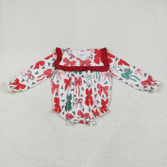 LR2209 Red Green Bows Holly Print Baby Girls Christmas Romper