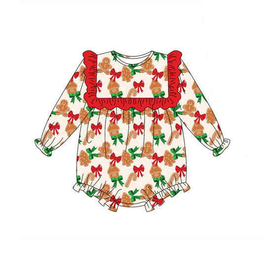 (Pre-order)LR2214 Gingerbread Bows Print Baby Girls Christmas Romper