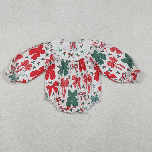 LR2217 Red Green Bows Holly Embroidery Baby Girls Christmas Smocked Romper