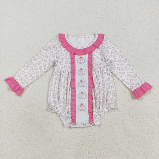 LR2220 Pumpkin Embroidery Leopard Print Baby Girls Fall Bubble Romper