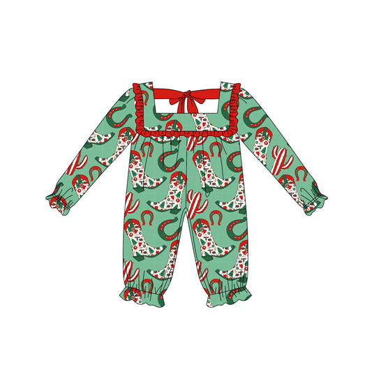 (Pre-order)LR2222 Boots Holly Print Baby Girls Western Christmas Romper