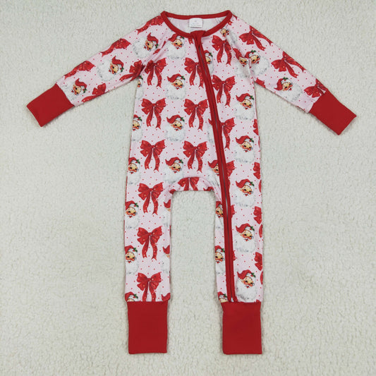 LR2223 Red Bows Santa Print Baby Girls Christmas Zipper Sleeper Romper