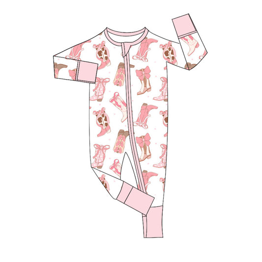 (Pre-order)LR2225 Boots Bows Pink Print Baby Girls Western Zipper Sleeper Romper