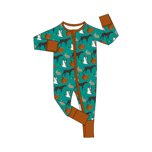 (Pre-order)LR2226 Dog Animals Hunting Print Baby Fall Zipper Sleeper Romper
