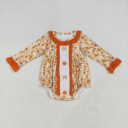 LR2228 Pumpkin Bows Embroidery Flowers Baby Girls Fall Romper