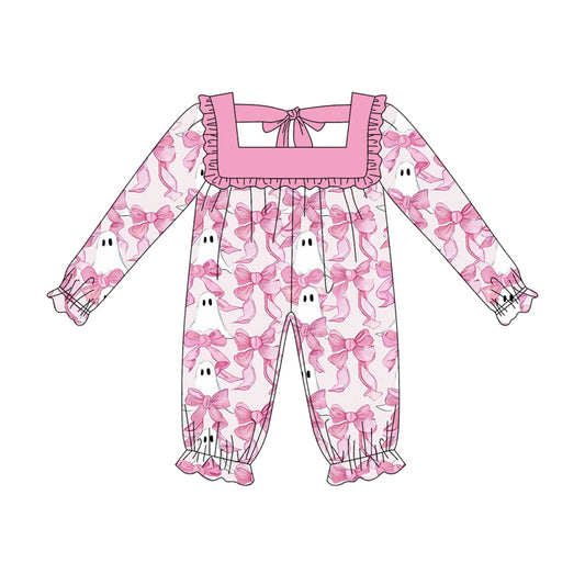 (Pre-order)LR2229 Pink Bows Ghost Print Baby Girls Halloween Romper