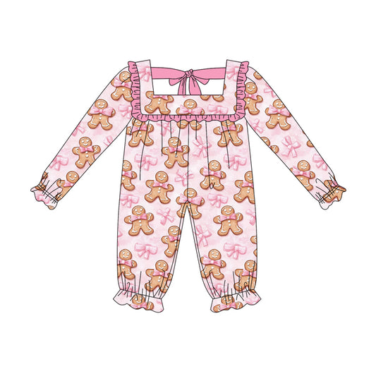 (Pre-order)LR2230 Gingerbread Bows Pink Print Baby Girls Christmas Romper