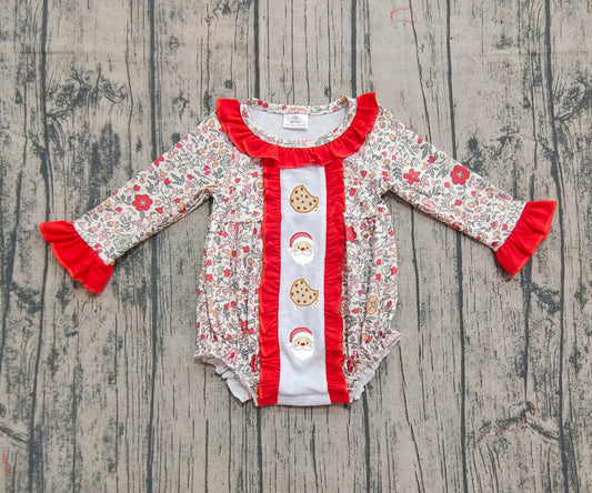 (Pre-order)LR2232 Santa Cookie Flowers Print Baby Girls Christmas Romper