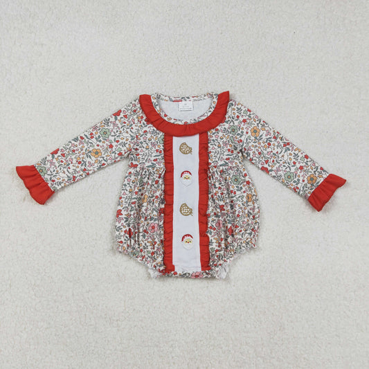 LR2232 Santa Cookie Embroidery Flowers Print Baby Girls Christmas Romper