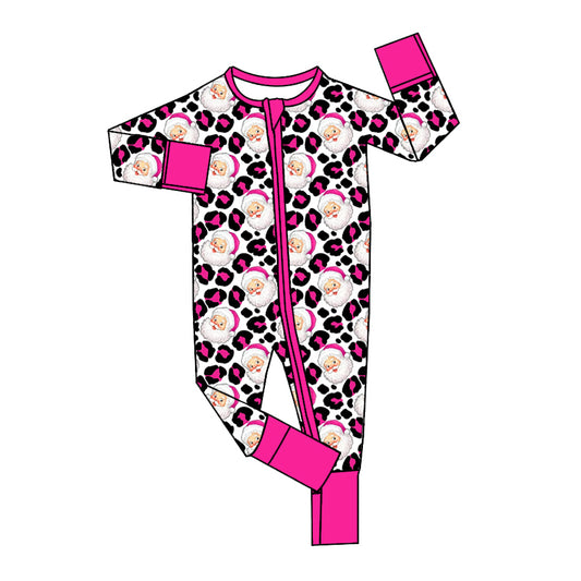 (Pre-order)LR2233 Santa Pink Leopard Print Baby Girls Christmas Zipper Sleeper Romper