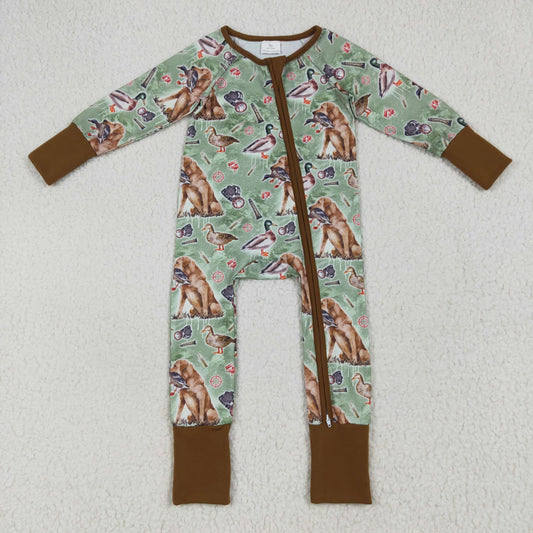 LR2234 Dog Duck Hunting Print Baby Fall Zipper Sleeper Romper