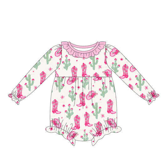 (Pre-order)LR2235 Boots Cactus Pink Print Baby Girls Western Romper