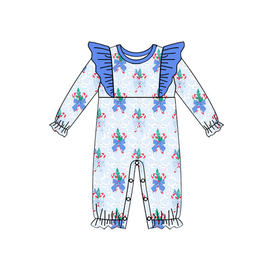 (Pre-order)LR2241 Candy Cane Bows Print Baby Girls Christmas Romper