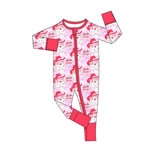 (Pre-order)LR2243 Howdy Santa Pink Print Baby Girls Christmas Zipper Sleeper Romper