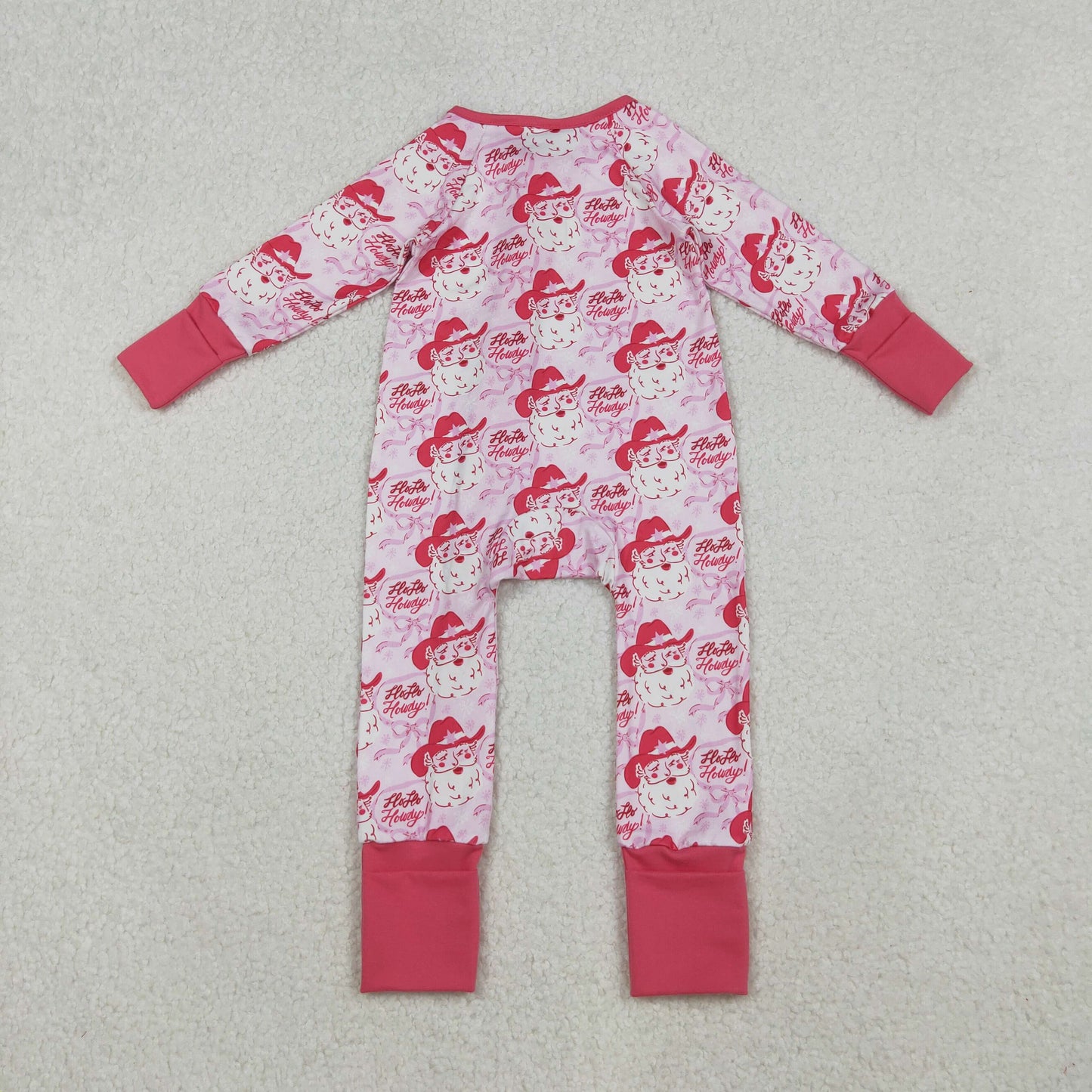 LR2243 Howdy Santa Pink Print Baby Girls Christmas Zipper Sleeper Romper