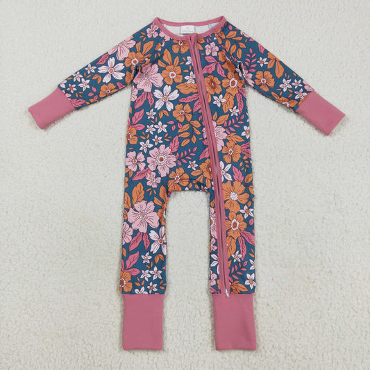 LR2244 Flowers Print Baby Girls Fall Zipper Sleeper Romper