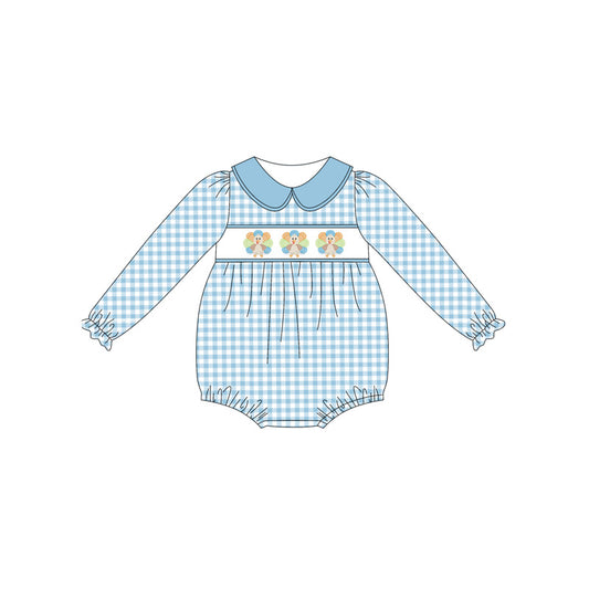 (Pre-order)LR2245 Turkey Blue Plaid Print Baby Girls Thanksgiving Romper