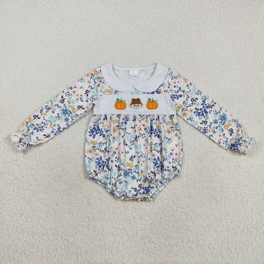LR2246 Pumpkin Embroidery Flowers Print Baby Girls Fall Romper