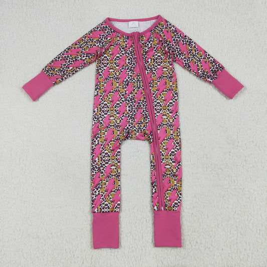 LR2250 Flash Leopard Pink Print Baby Girls Fall Zipper Sleeper Romper