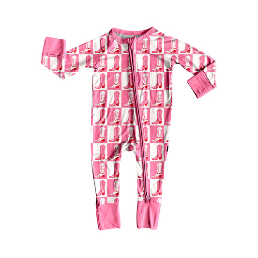 (Pre-order)LR2251 Boots Pink Plaid Print Baby Girls Fall Zipper Sleeper Romper