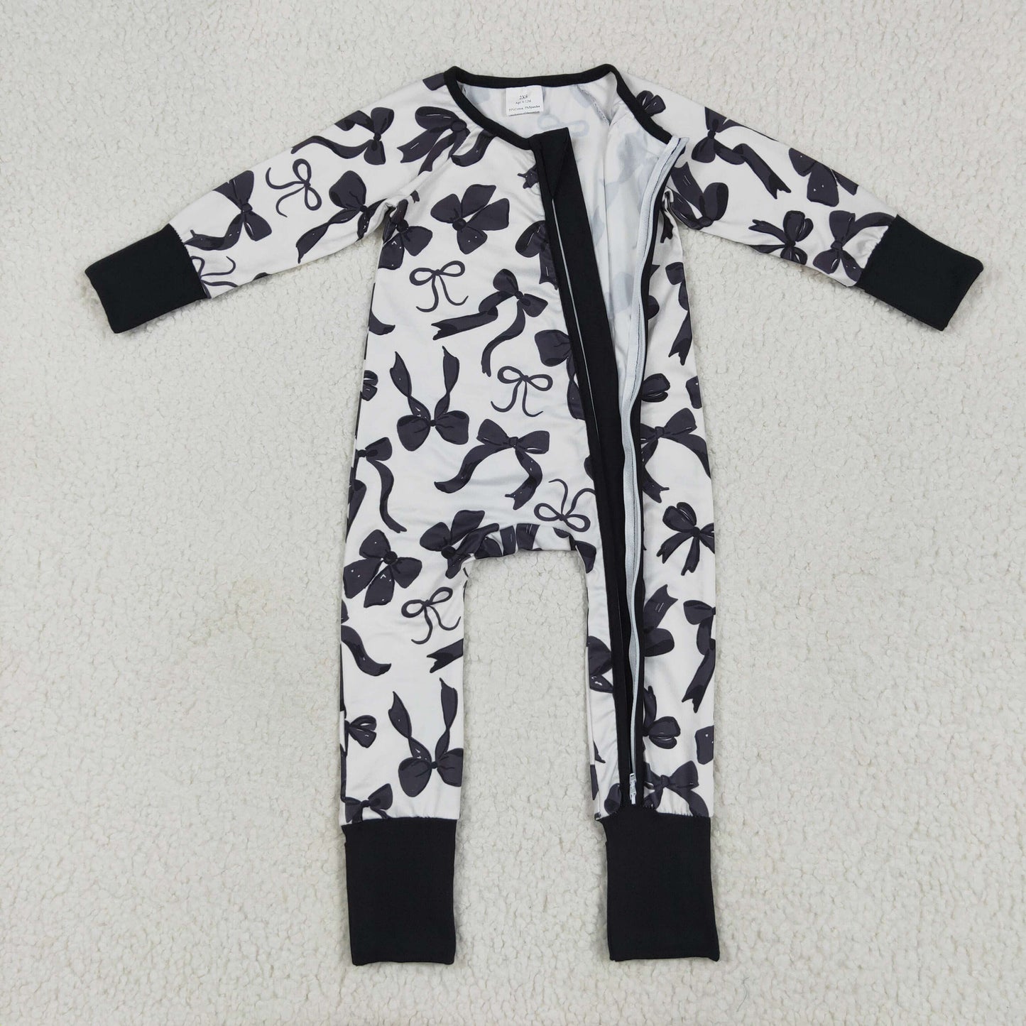 LR2253 Black Bows Print Baby Girls Fall Zipper Sleeper Romper