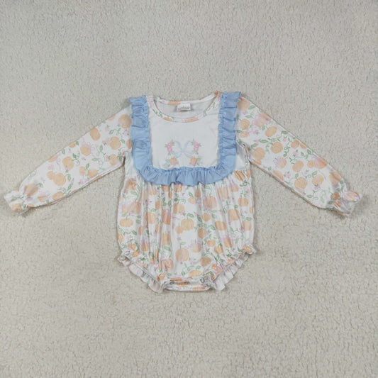LR2256 Pumpkin Flowers Print Baby Girls Fall Bubble Romper