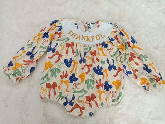 (Pre-order)LR2257 Colorful Bows Thankful Print Baby Girls Thanksgiving Smocked Romper