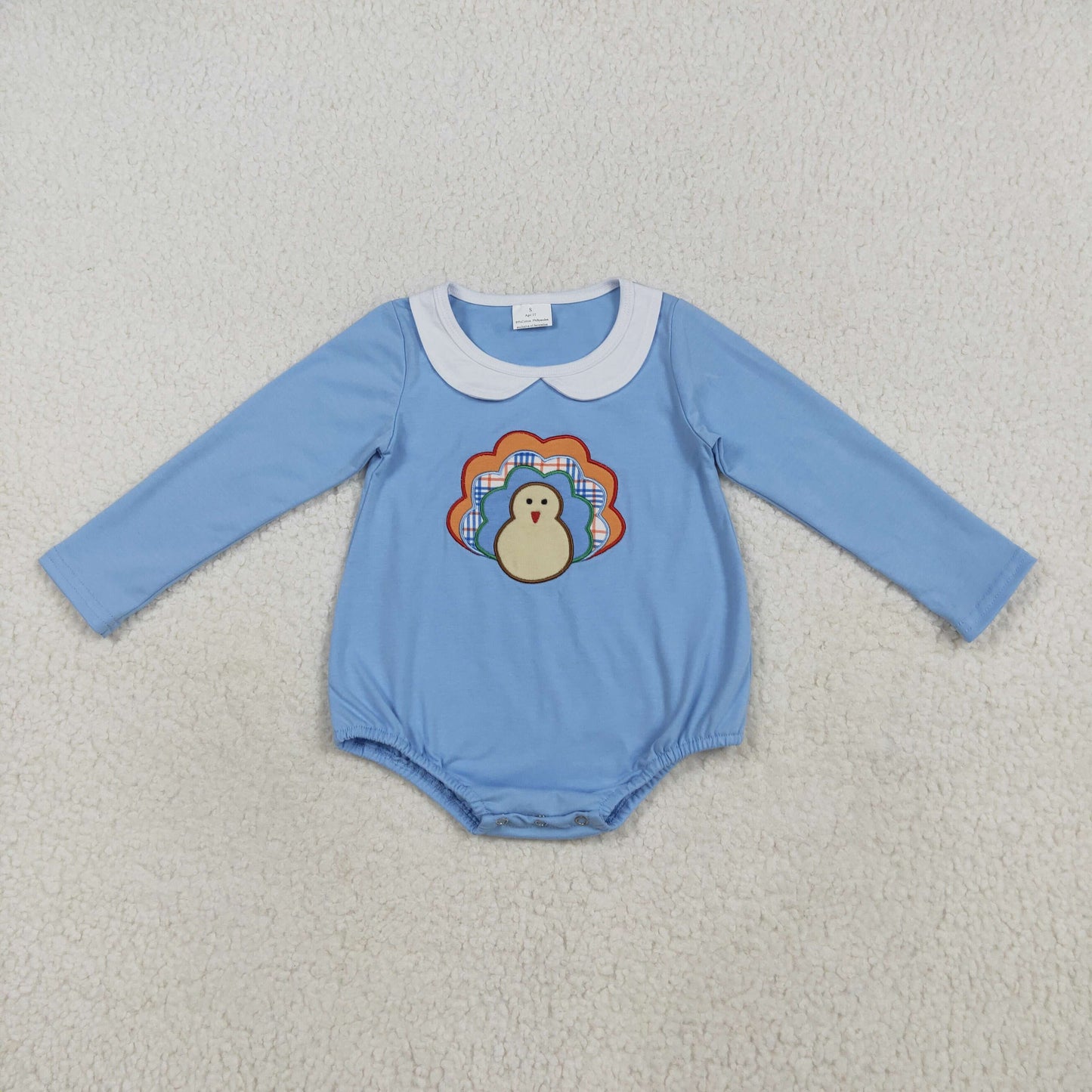 LR2261 Turkey Embroidery Blue Baby Boys Thanksgiving Romper