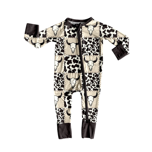 (Pre-order)LR2267 Cow Skull Plaid Print Baby Boys Zipper Sleeper Romper