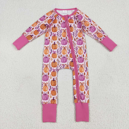 USA-Shop LR2270 Pumpkin Bows Print Baby Girls Fall Zipper Sleeper Romper