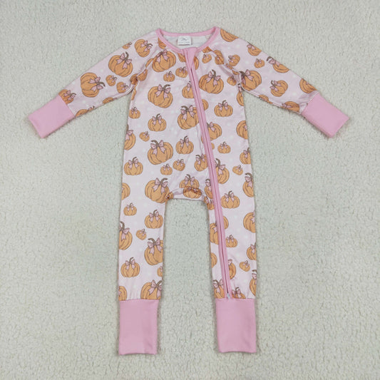 LR2271 Pumpkin Pink Bows Print Baby Girls Fall Zipper Sleeper Romper