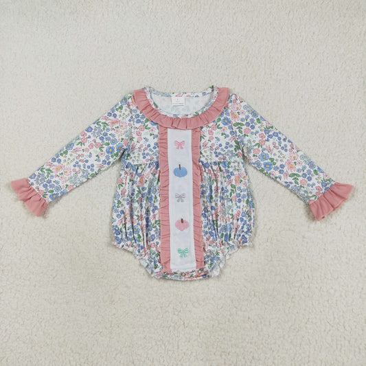 LR2273 Pumpkin Embroidery Flowers Print Baby Girls Fall Romper