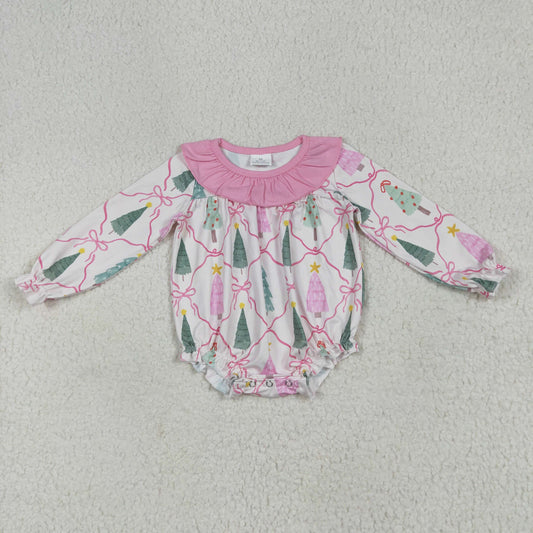 LR2275 Tree Pink Bows Print Baby Girls Christmas Romper