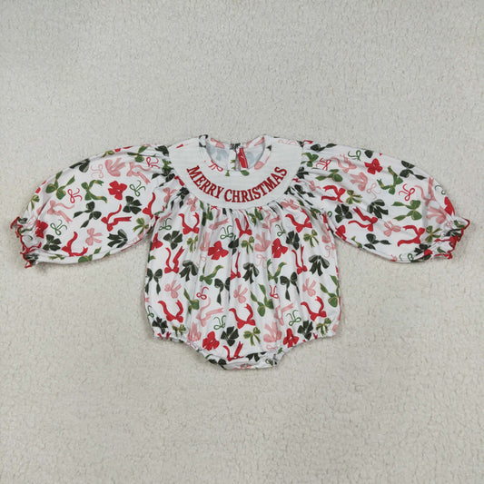 USA-Shop LR2276 MERRY CHRISTMAS Embroidery Red Green Bows Baby Girls Smocked Romper