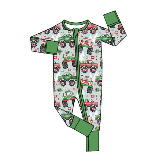 (Pre-order)LR2279 Monster Trucks Tree Print Baby Boys Christmas Zipper Sleeper Romper