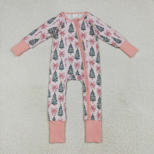 LR2283 Tree Bows Pink Print Baby Girls Christmas Zipper Sleeper Romper