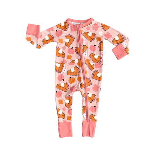 (Pre-order)LR2284 Pumpkin Flowers Pie Print Baby Girls Fall Zipper Sleeper Romper