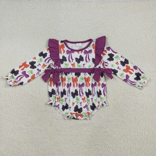 LR2285 Orange Purple Bows Print Baby Girls Halloween Romper