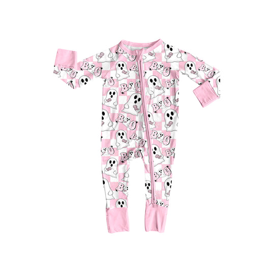 (Pre-order)LR2288 Ghost BOO Plaid Print Baby Girls Halloween Zipper Sleeper Romper