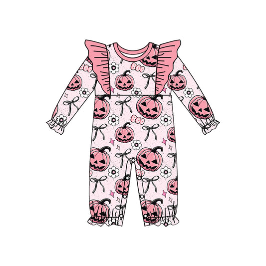 (Pre-order)LR2289 Pumpkin Flowers Bows Print Baby Girls Halloween Romper